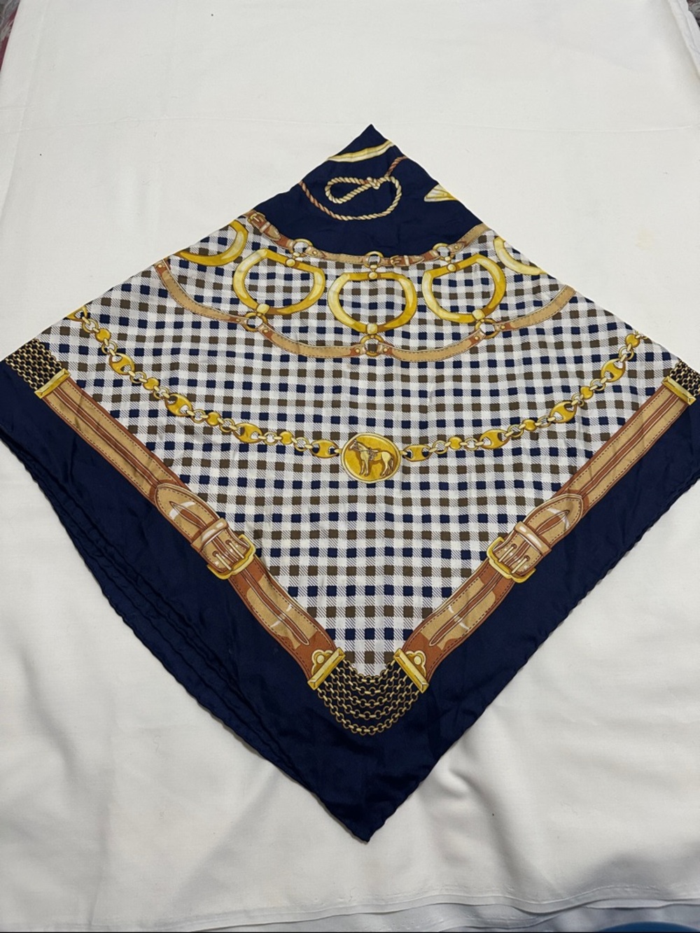 Aquascutum London Navy and Gold Equestrian Print Silk Scarf - Picture 5 of 6